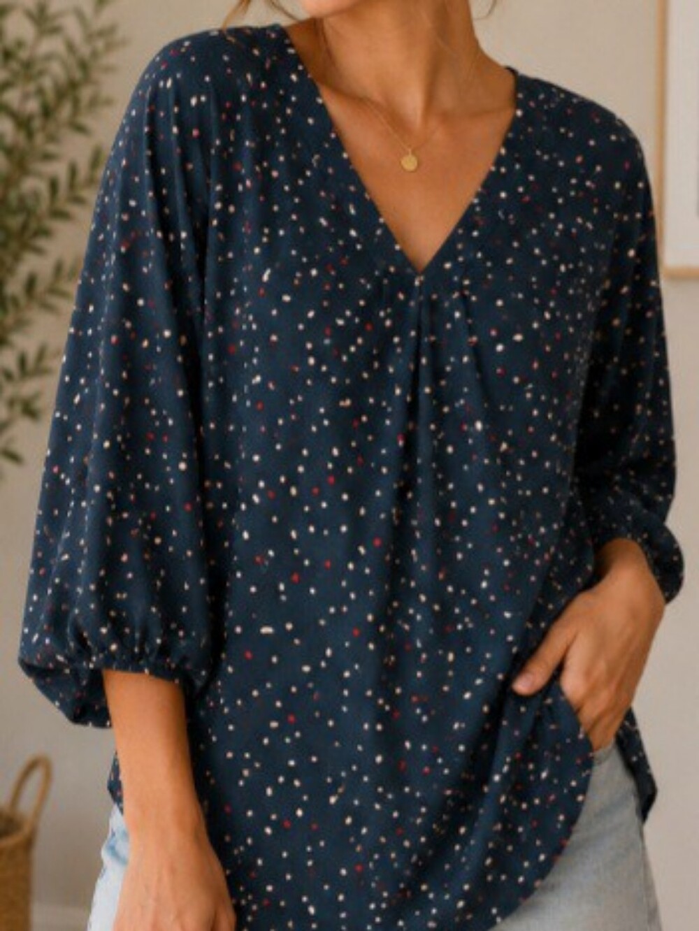 V-Neck Navy Polka Dot Blouse with Three-Quarter Puff Sleeves